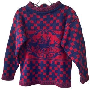 Vintage Skyr Shetland Wool Sweater Women's 34 Red Blue 3/4 Sleeves Deer